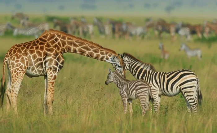 Giraffes and zebras grazing in the vast plains of Serengeti National Park, Tanzania.