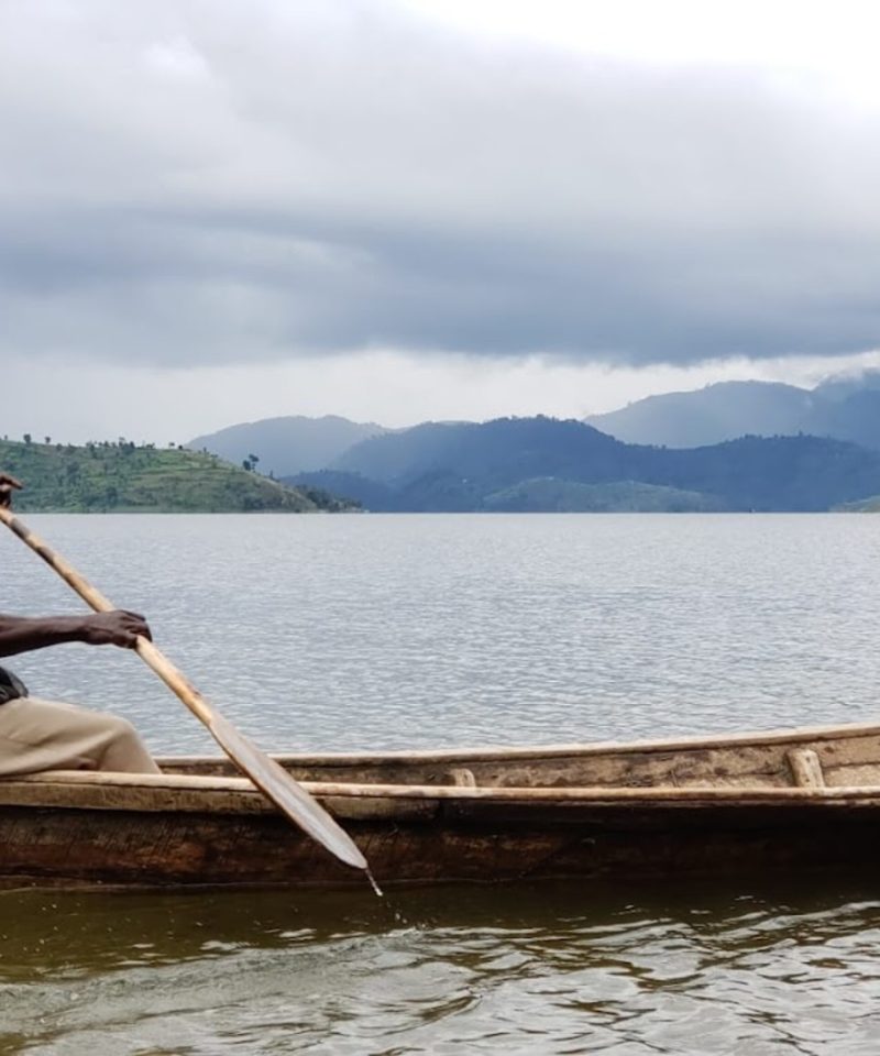 A scenic view of the Twin Lakes, Ruhondo and Burera, surrounded by hills and vibrant greenery in Rwanda.