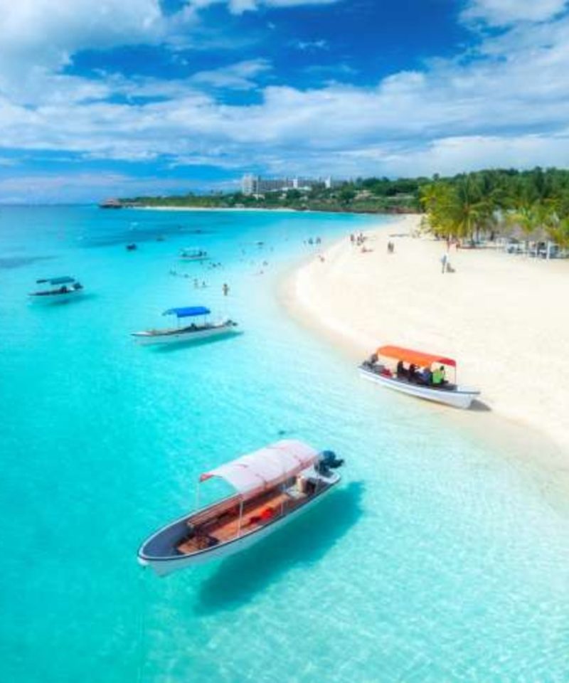 A picturesque view of Zanzibar's pristine beach with white sands, turquoise waters, and swaying palm trees under a bright sky.